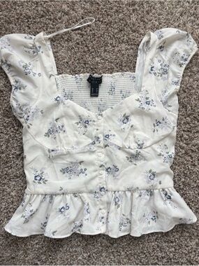 Society Ivory Floral Button-Front Peplum Crop Top
